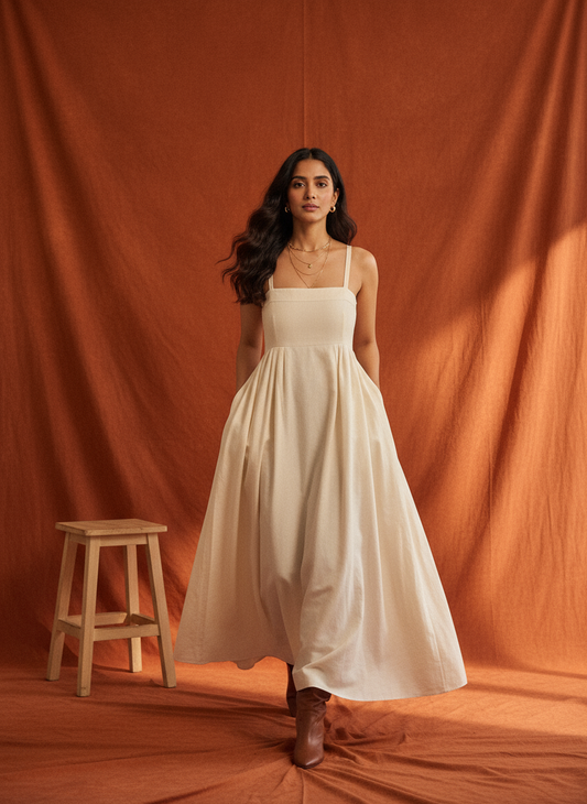 Omay Beige Florence Maxi Dress with pockets - Cotton Khadi