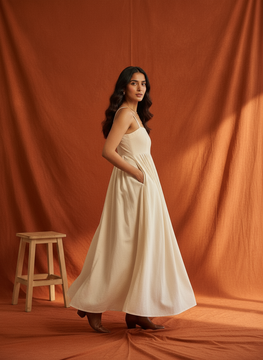 Omay Beige Florence Maxi Dress with pockets - Cotton Khadi