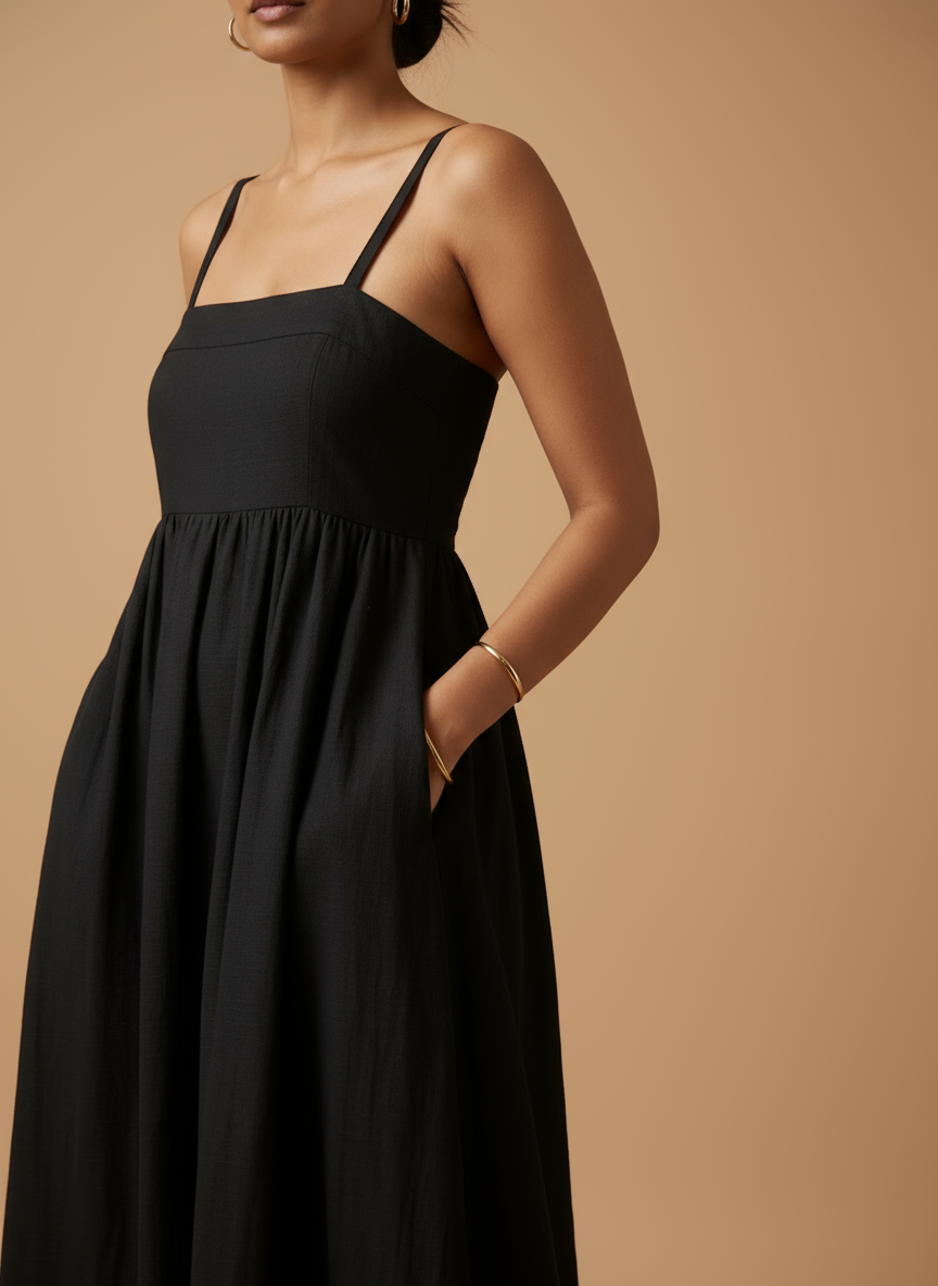 Omay Black Florence Maxi Dress with pockets |Cotton Khadi