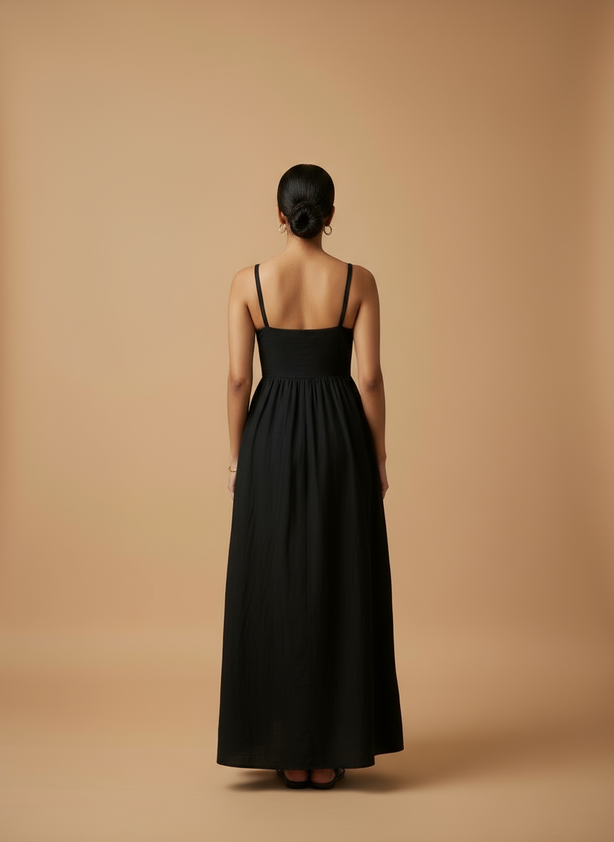 Omay Black Florence Maxi Dress with pockets |Cotton Khadi
