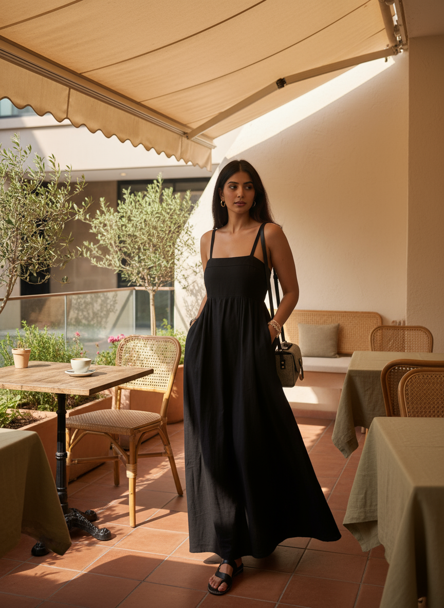 Omay Black Florence Maxi Dress with pockets |Cotton Khadi
