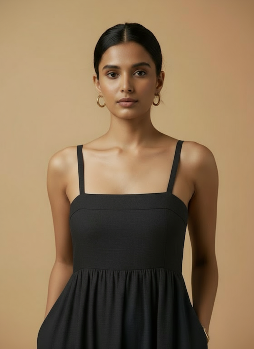 Omay Black Florence Maxi Dress with pockets |Cotton Khadi