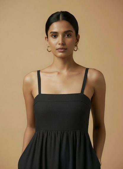 Omay Black Florence Maxi Dress with pockets |Cotton Khadi