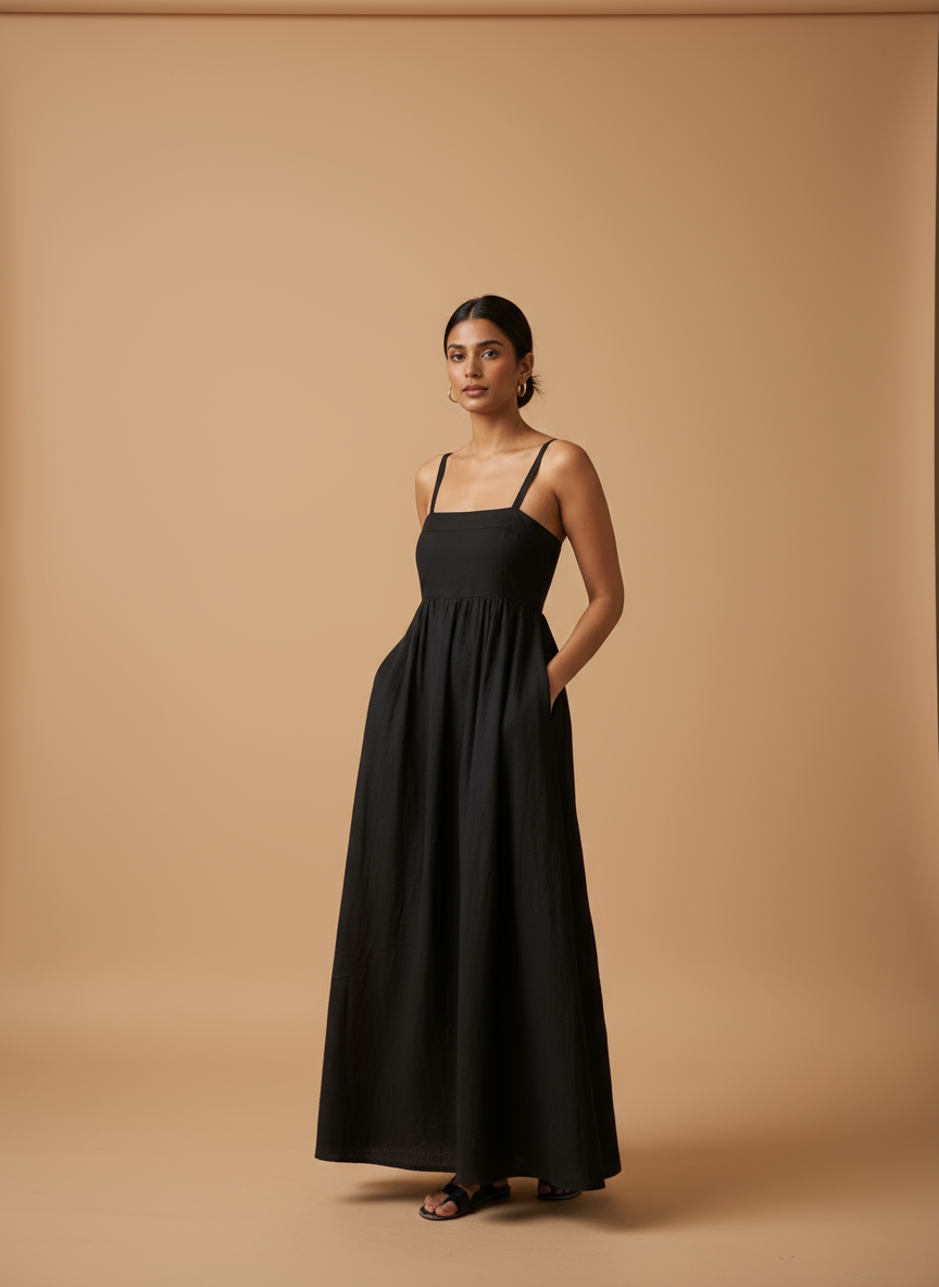 Omay Black Florence Maxi Dress with pockets |Cotton Khadi