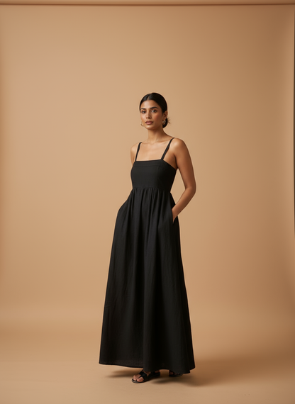 Omay Black Florence Maxi Dress with pockets |Cotton Khadi