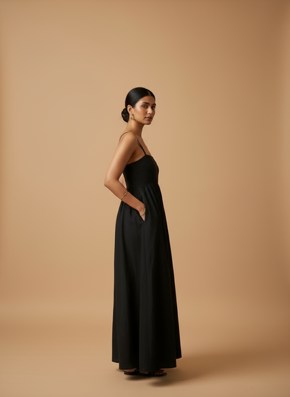 Omay Black Florence Maxi Dress with pockets |Cotton Khadi