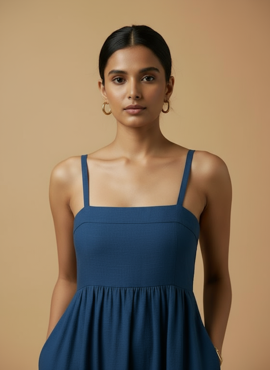 Omay Blue Florence Maxi Dress with pockets - Cotton Khadi