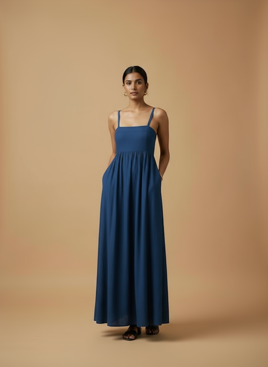 Omay Blue Florence Maxi Dress with pockets - Cotton Khadi