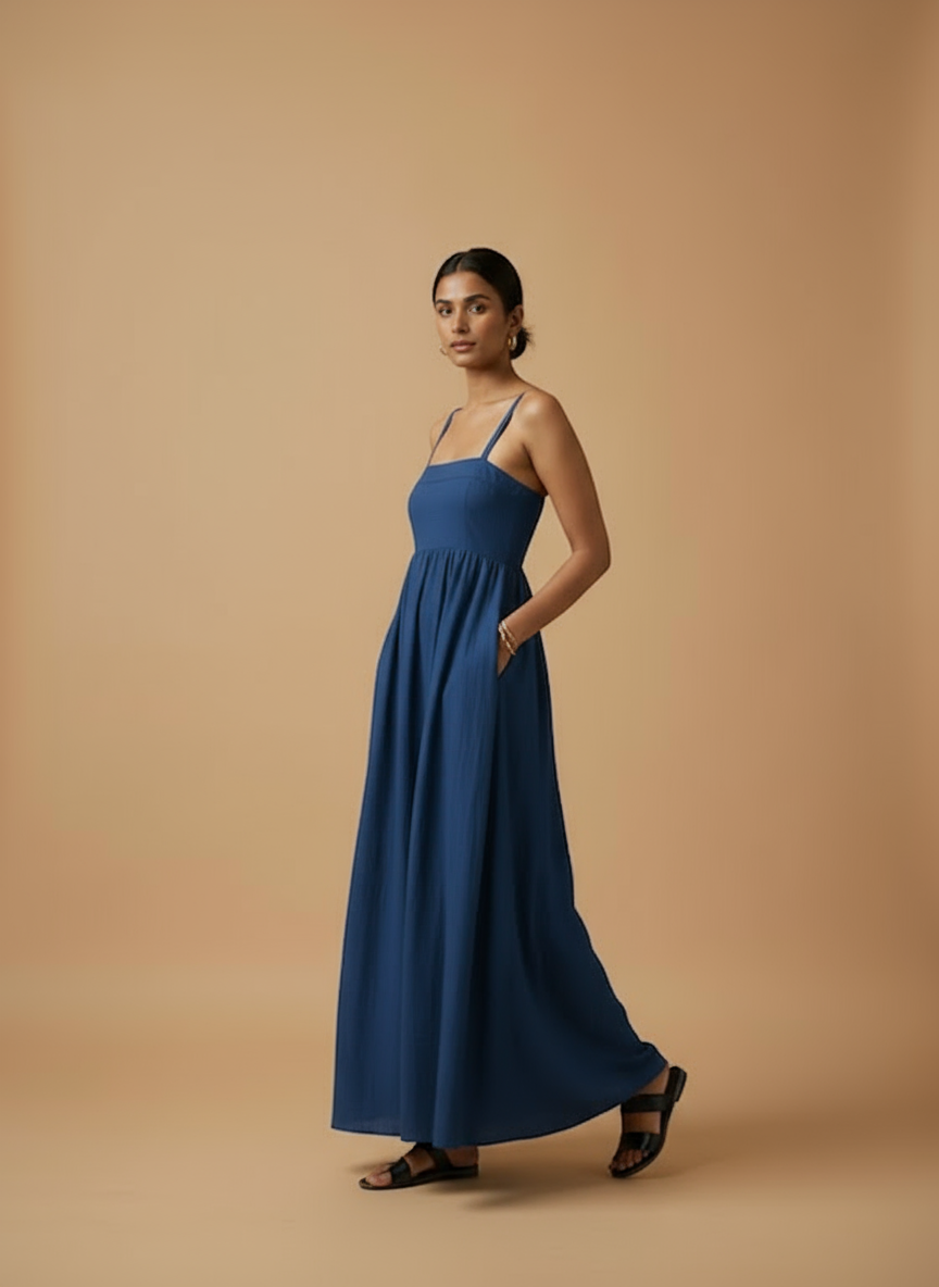 Omay Blue Florence Maxi Dress with pockets - Cotton Khadi